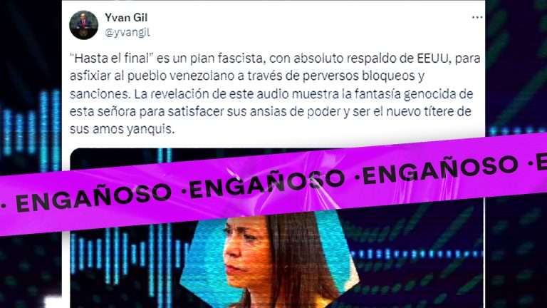 El canciller Yvan Gil compartió un audio descontextualizado y editado de unas declaraciones que María Corina Machada dio el 15/10/2018, haciéndolas pasar como recientes